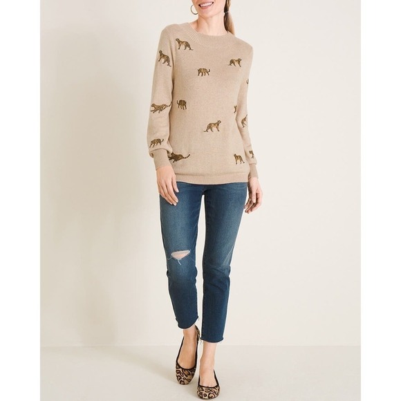 Chico's Cashmere-Blend Embroidered Cheetah Sweater Size Medium - Picture 3 of 10
